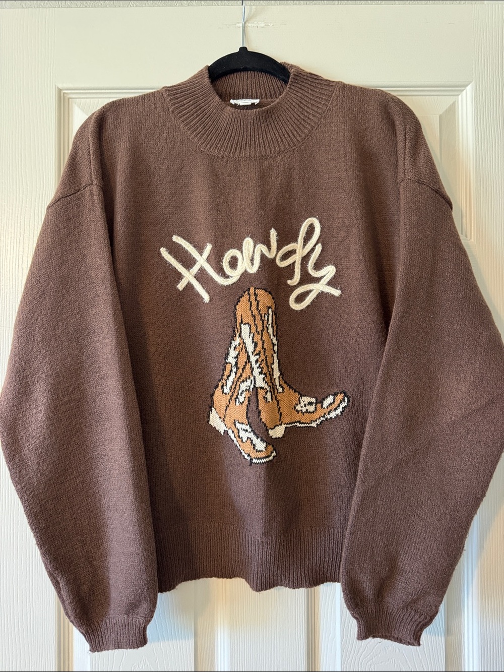 Brown Graphic Crewneck Sweater - Cowboy Boot Motif